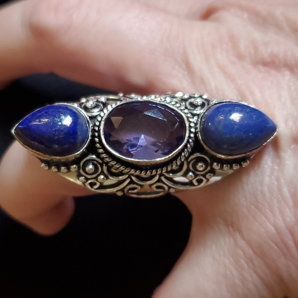 New Amethyst and Lapis Lazuli 925 Silver Statement Ring. - Picture 15 of 16